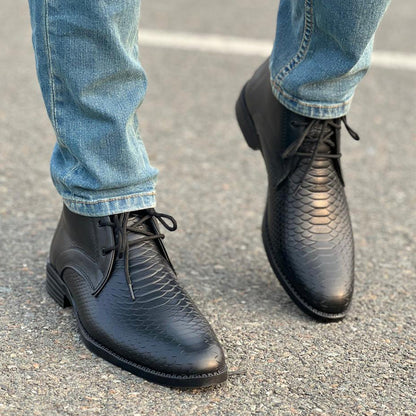 Black Leather Chelsea Lace Textured Boots YL-102 - yehloo.com.pk