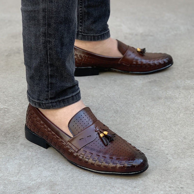 Handmade Enzo Brown Woven Shoes - yehloo.com.pk